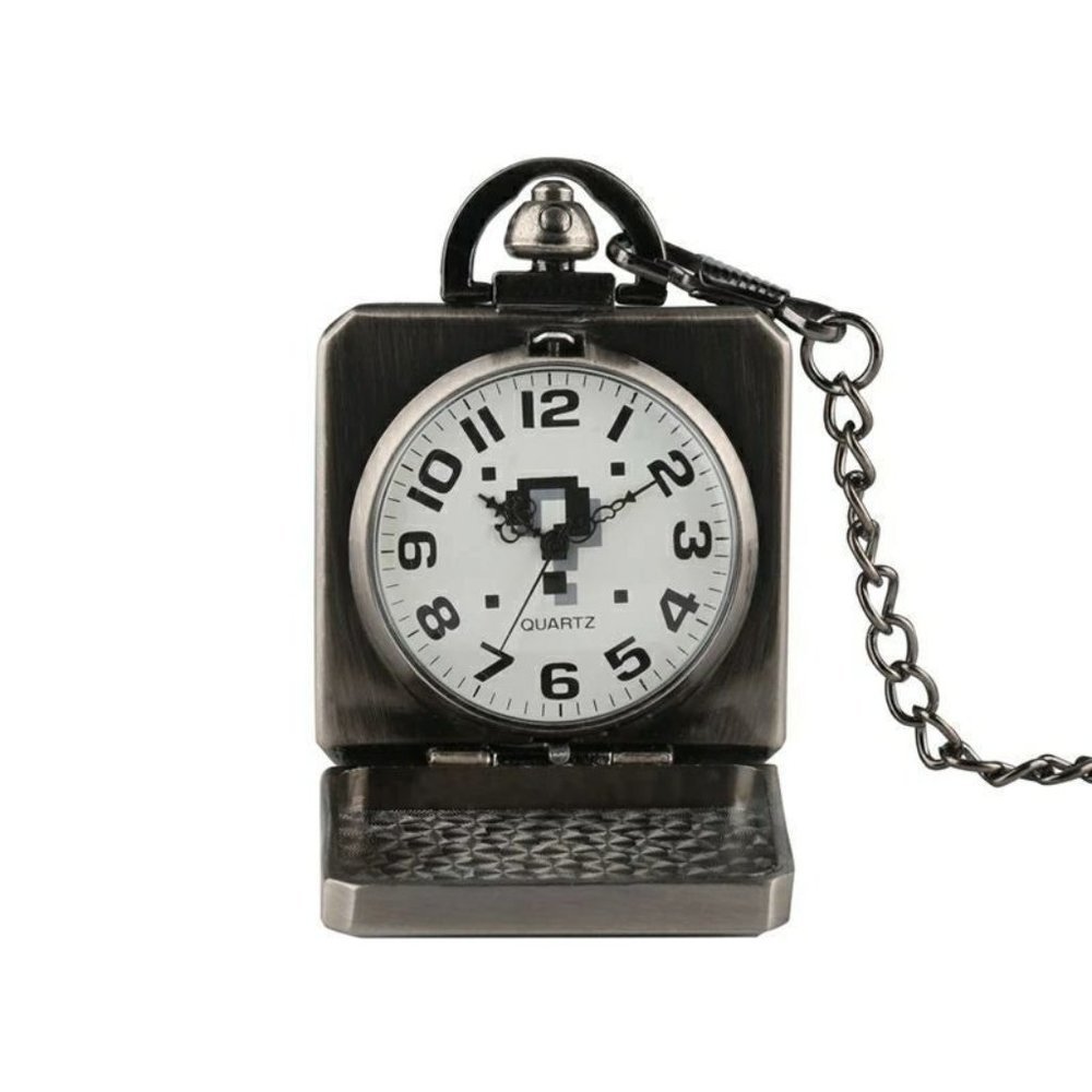 Mario Mystery Block Pocket Watch NEW Gift Nintendo Gamer Vintage Silver Classic - Picture 3 of 6